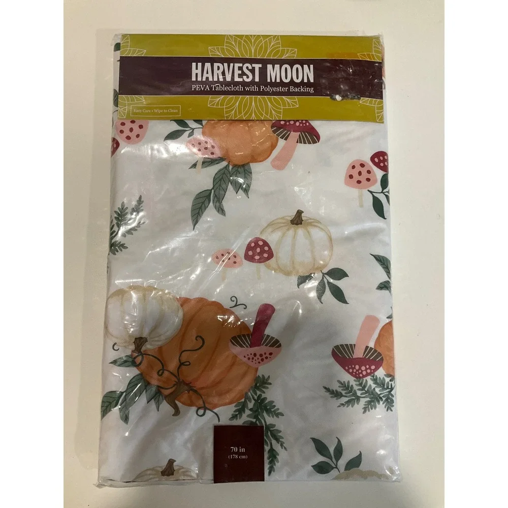 Harvest Moon PEVA Round Tablecloth Mushroom Pumpkin Fall Thanksgiving Halloween
